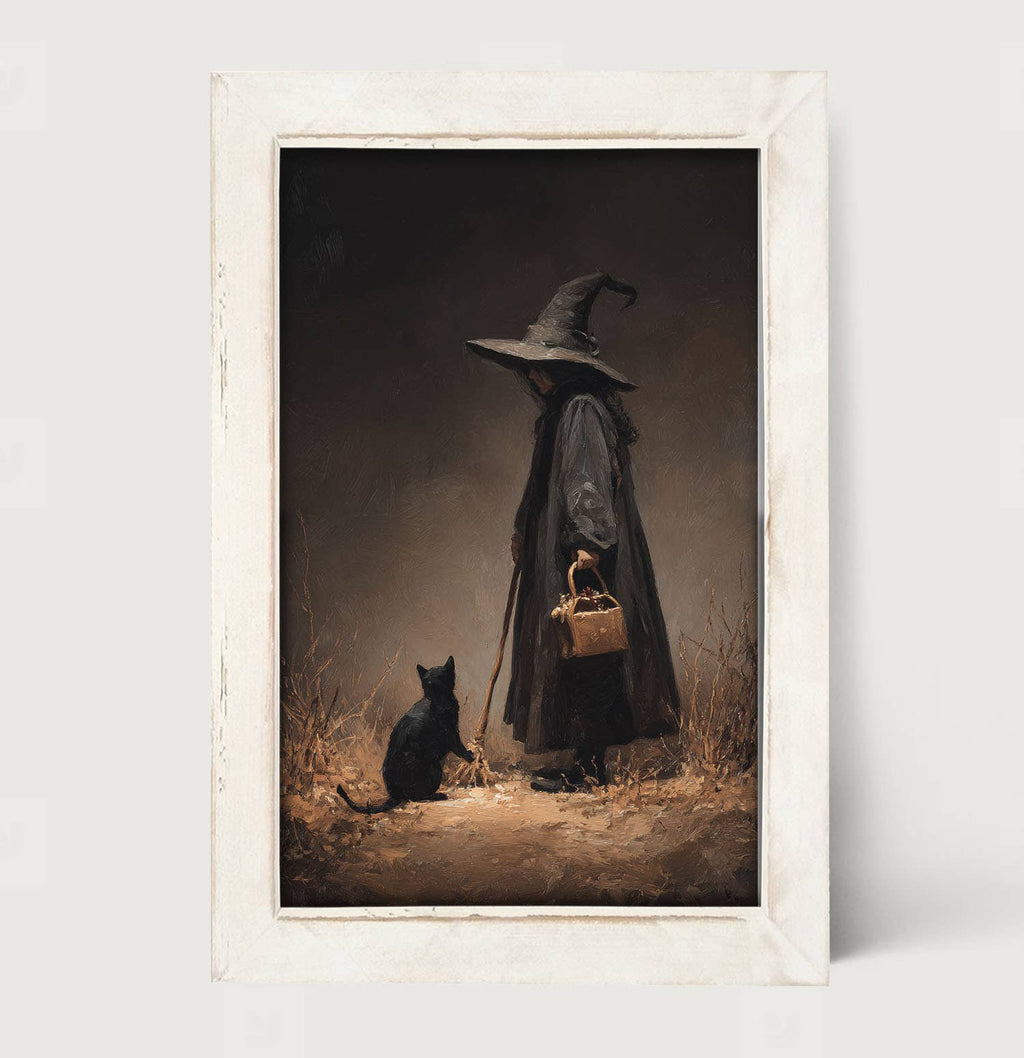 Witch with Black Cat on Path - Vertical Frame