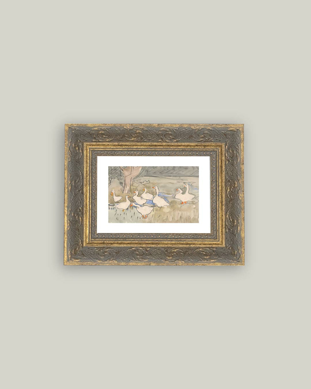 Geese Pond Framed Antique Art