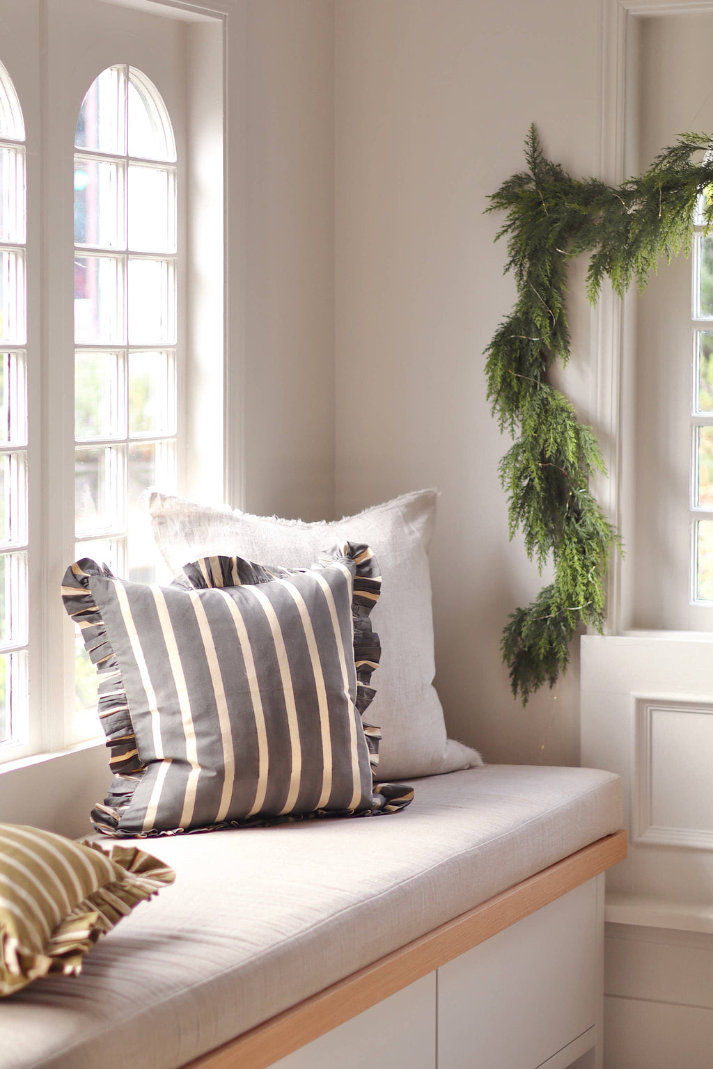 20x20 Block Print Stripe Ruffle Pillow, Charcoal