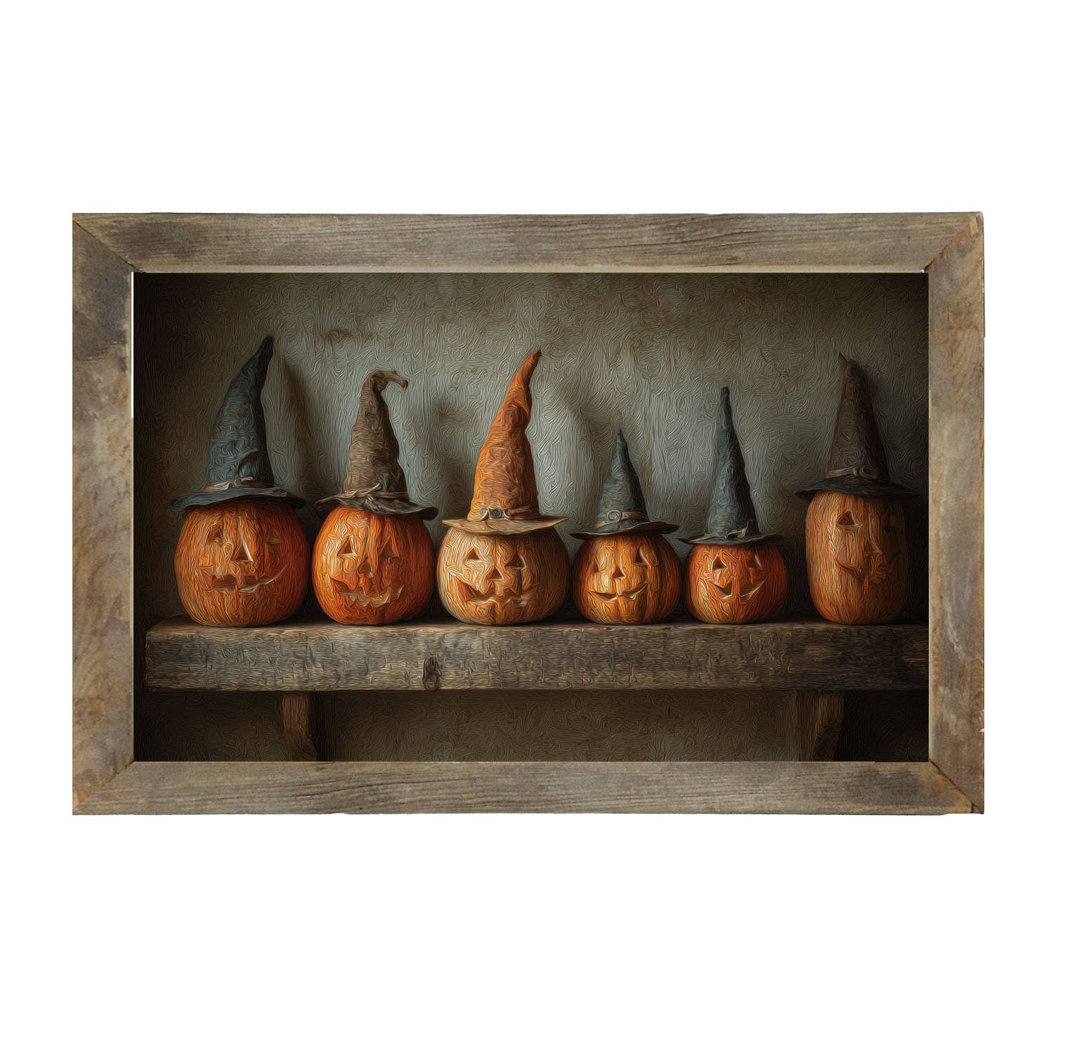 Shelf Full of Jack-o-Lanterns in Witch Hats - HF