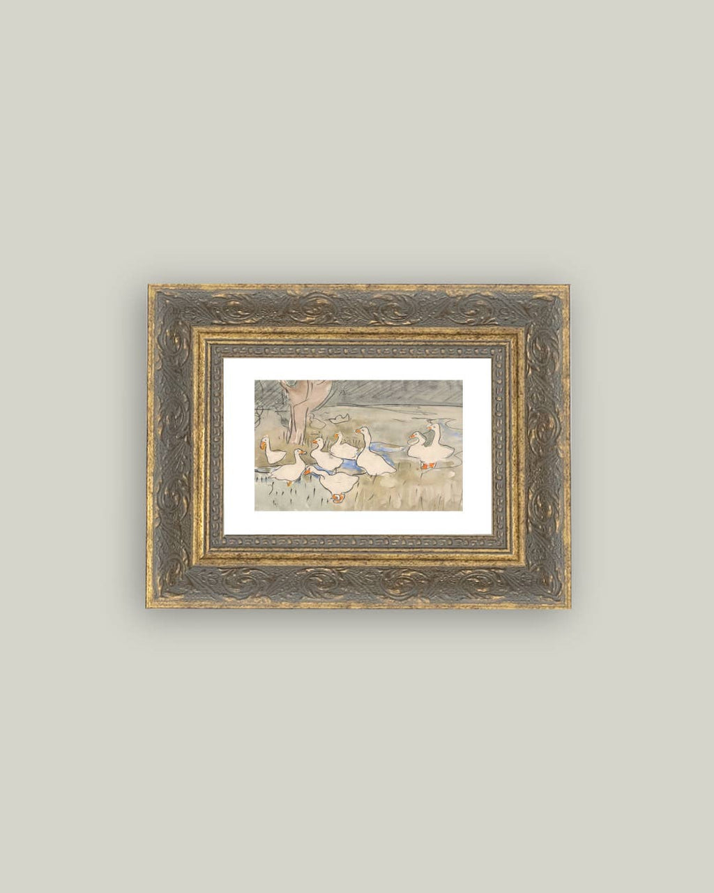 Geese Pond Framed Antique Art