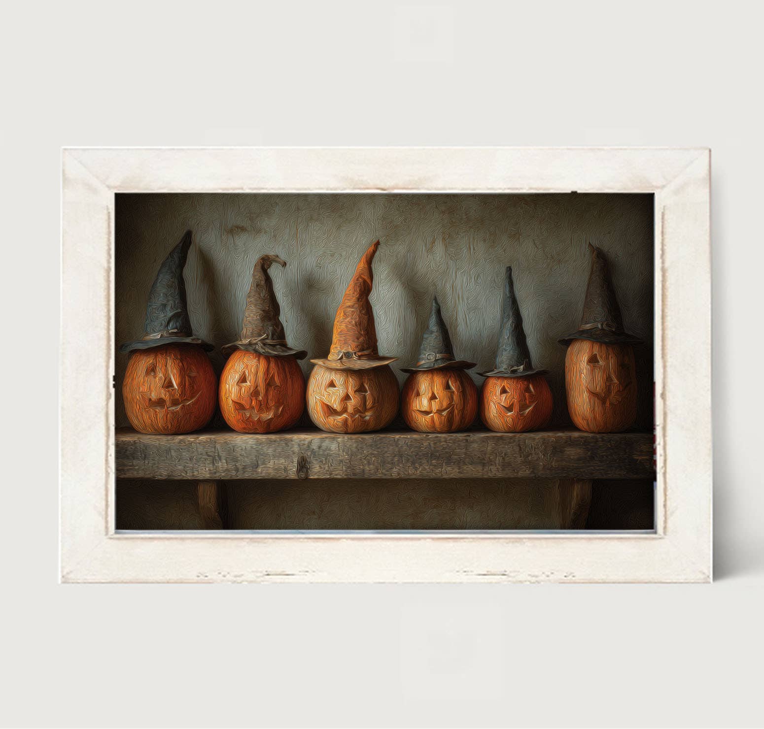 Shelf Full of Jack-o-Lanterns in Witch Hats - HF