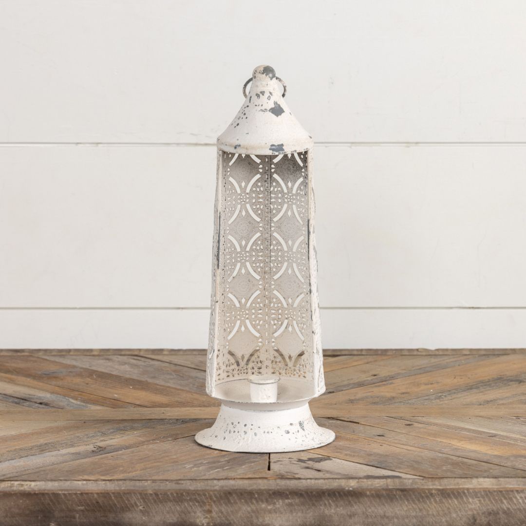13" Valentina White Metal Lantern Candle Holder