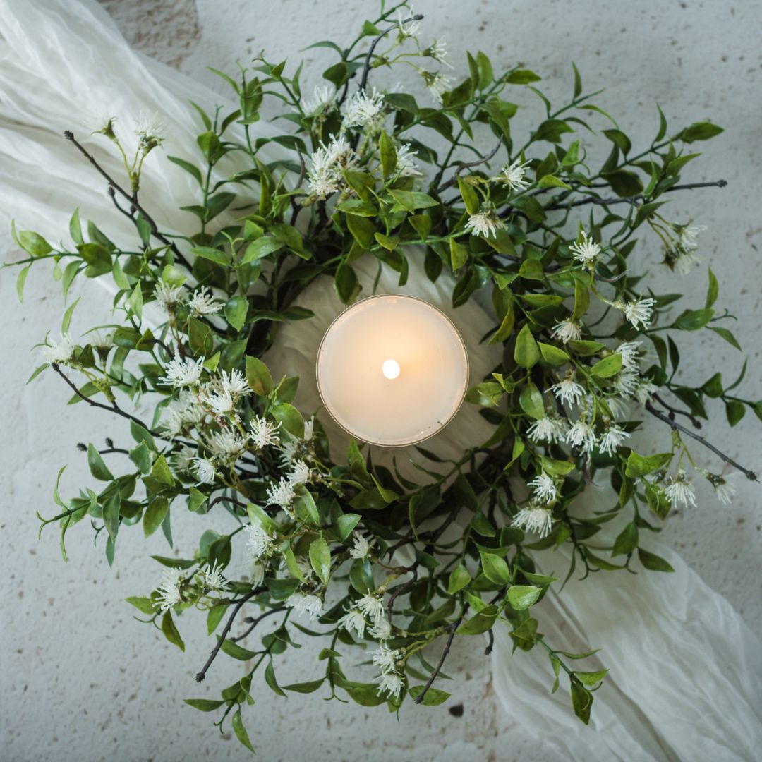 14" Tea Leaf with White Flower Candle Ring