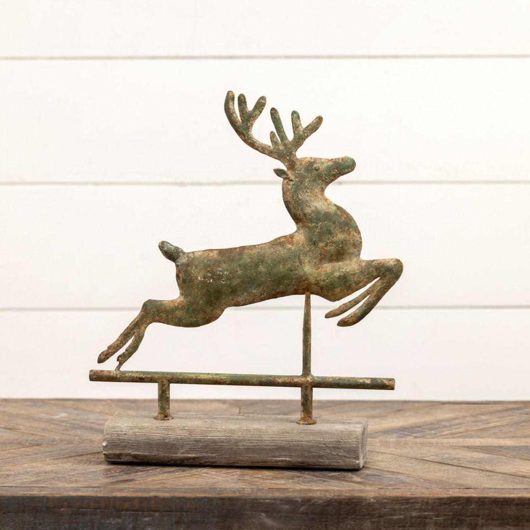 15" Leaping Metal Deer on Faux Wood Base