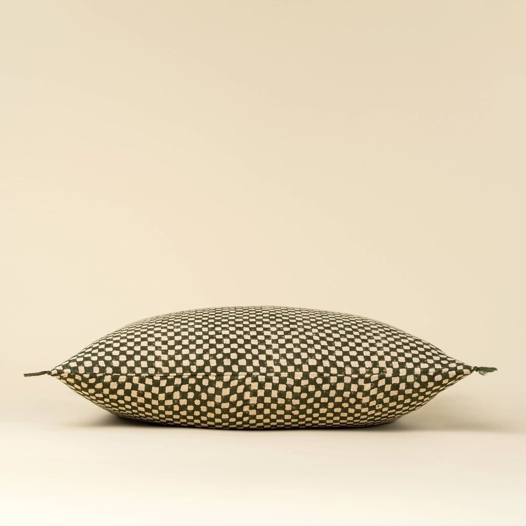 16x24 Block Print Check Linen Pillow-Green