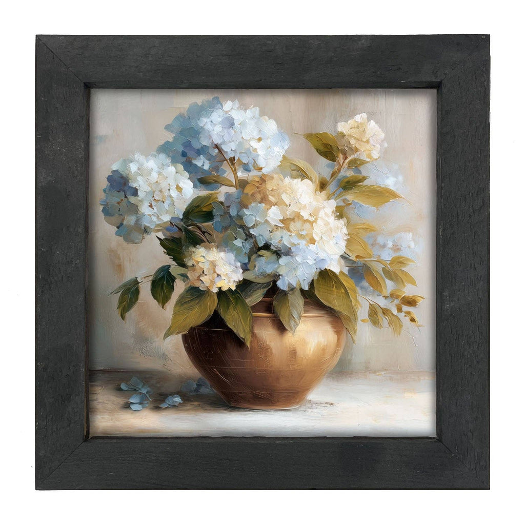 Copper Vase with Blue and White Hydrangeas