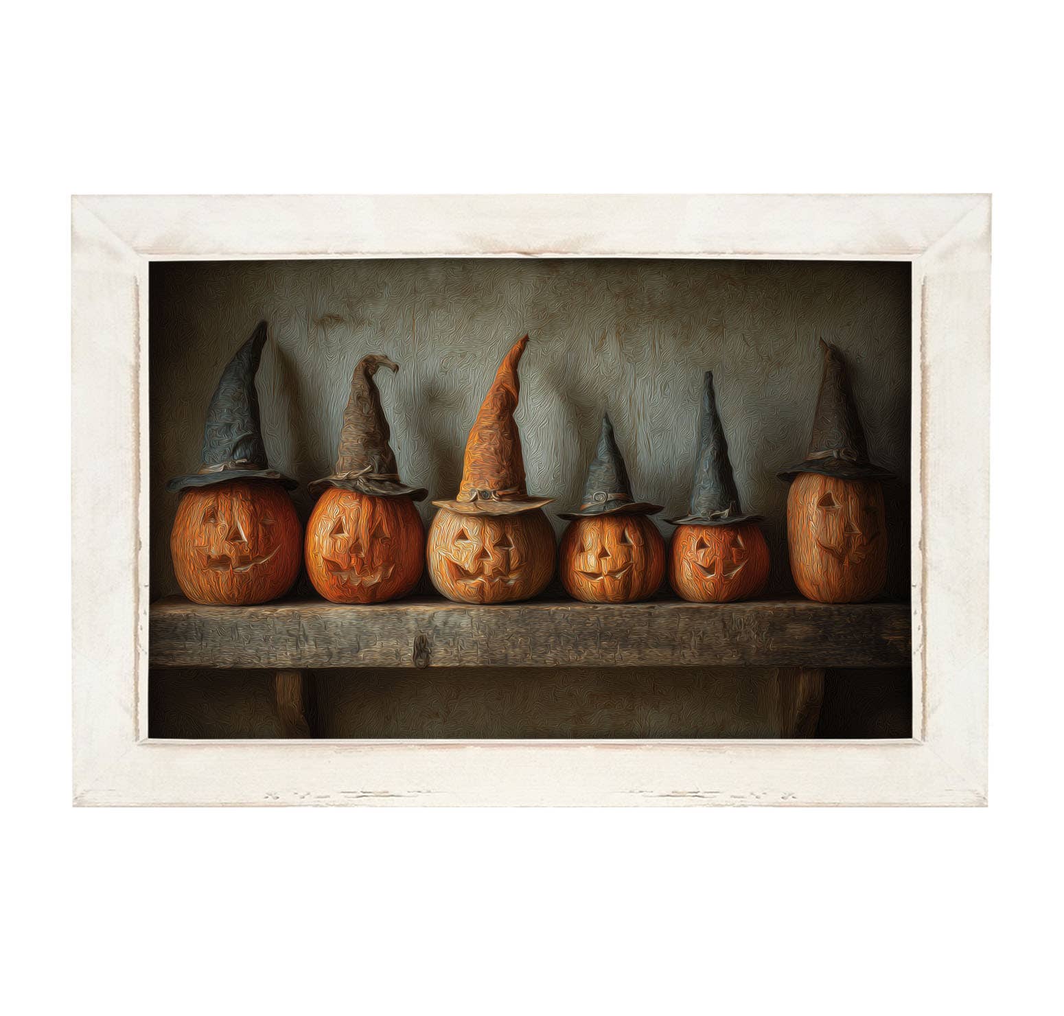 Shelf Full of Jack-o-Lanterns in Witch Hats - HF