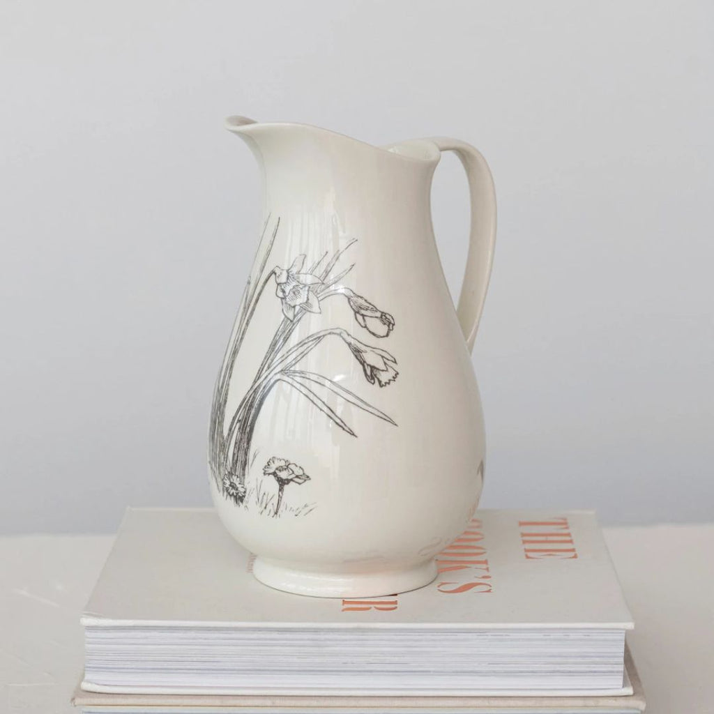 2 Quart Stoneware Pitcher with Floral Design