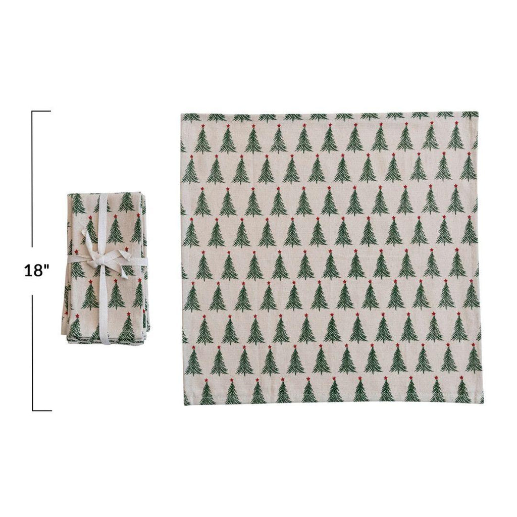 Stonewashed Cotton Printed Napkins with Christmas Tree Pattern - Set of 4