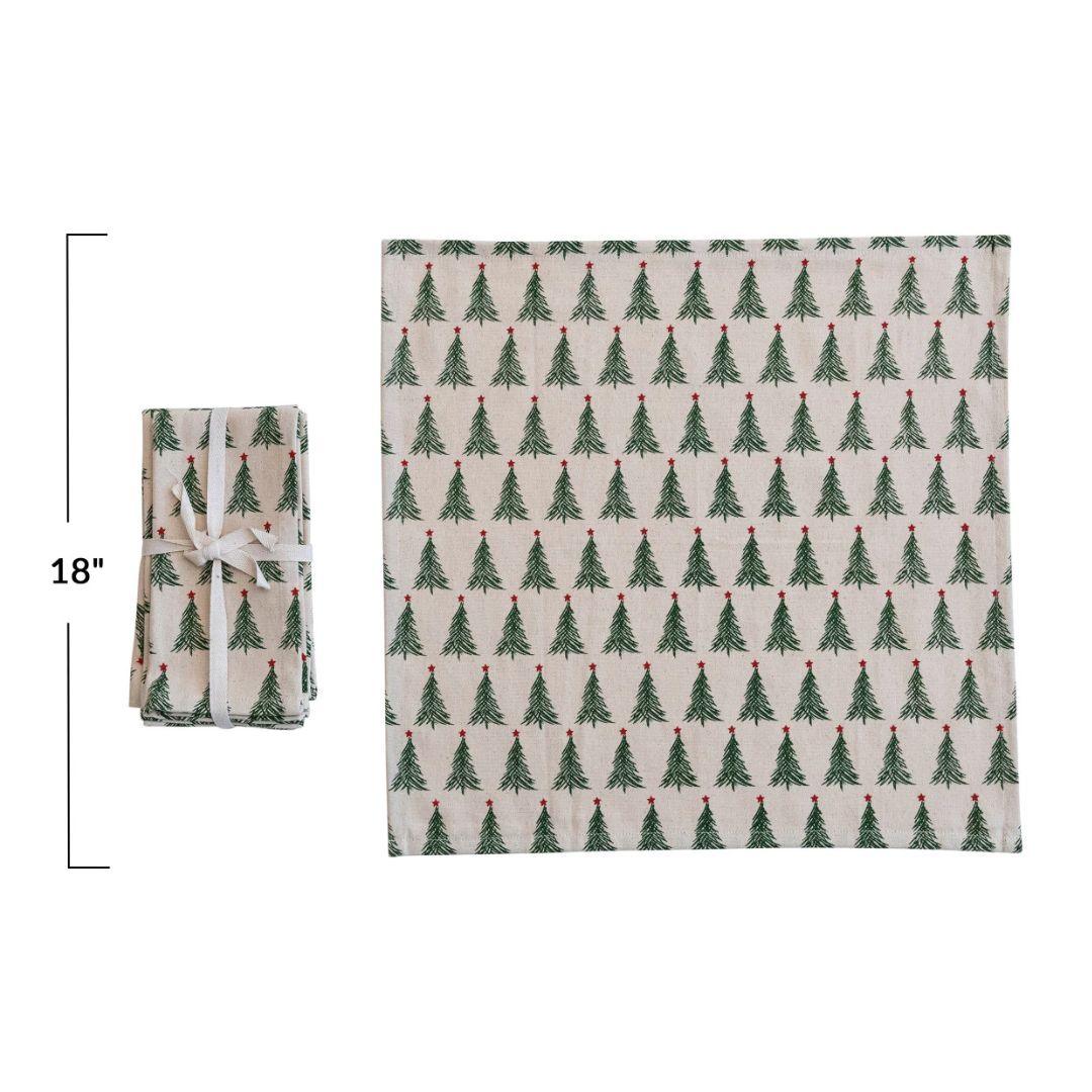 Stonewashed Cotton Printed Napkins with Christmas Tree Pattern - Set of 4