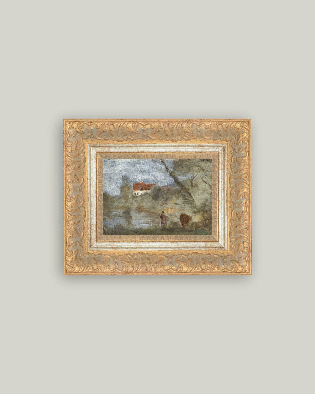 Cowherd by the Pond Framed Antique Art