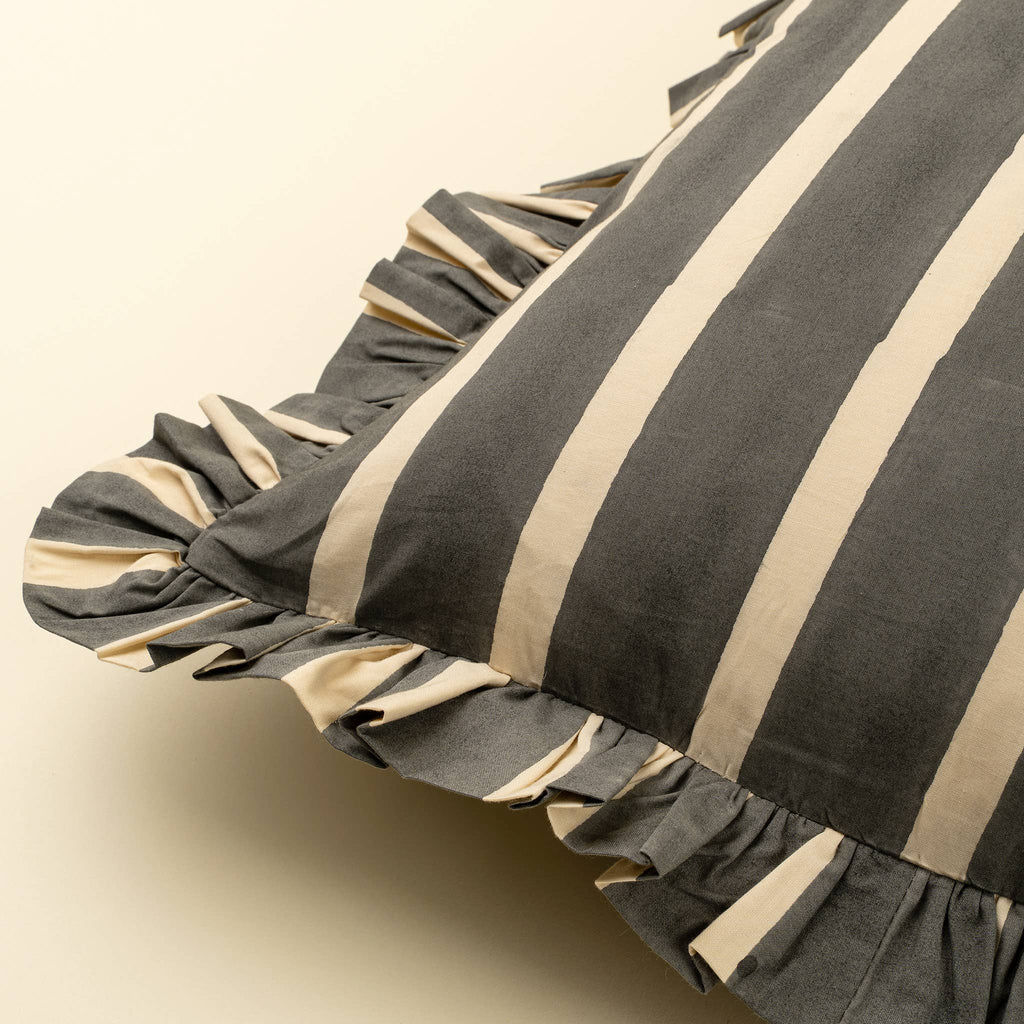 20x20 Block Print Stripe Ruffle Pillow, Charcoal