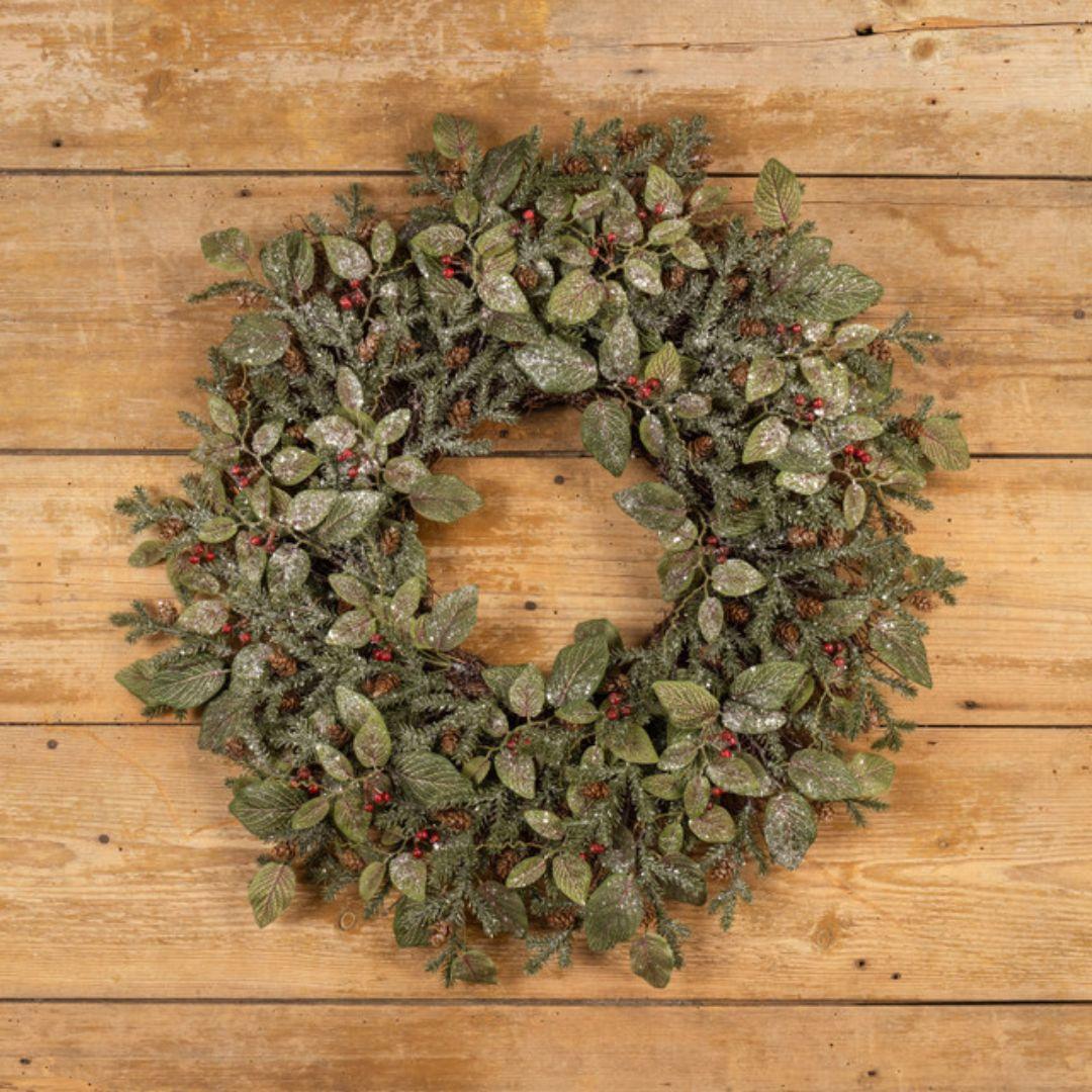 28" Snowy Fittonia Pine & Berry Wreath