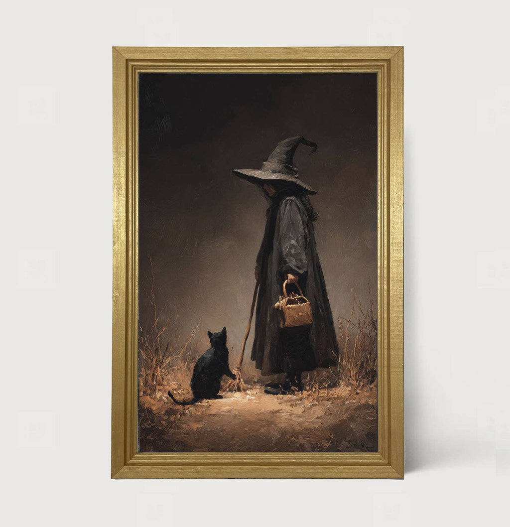 Witch with Black Cat on Path - Vertical Frame