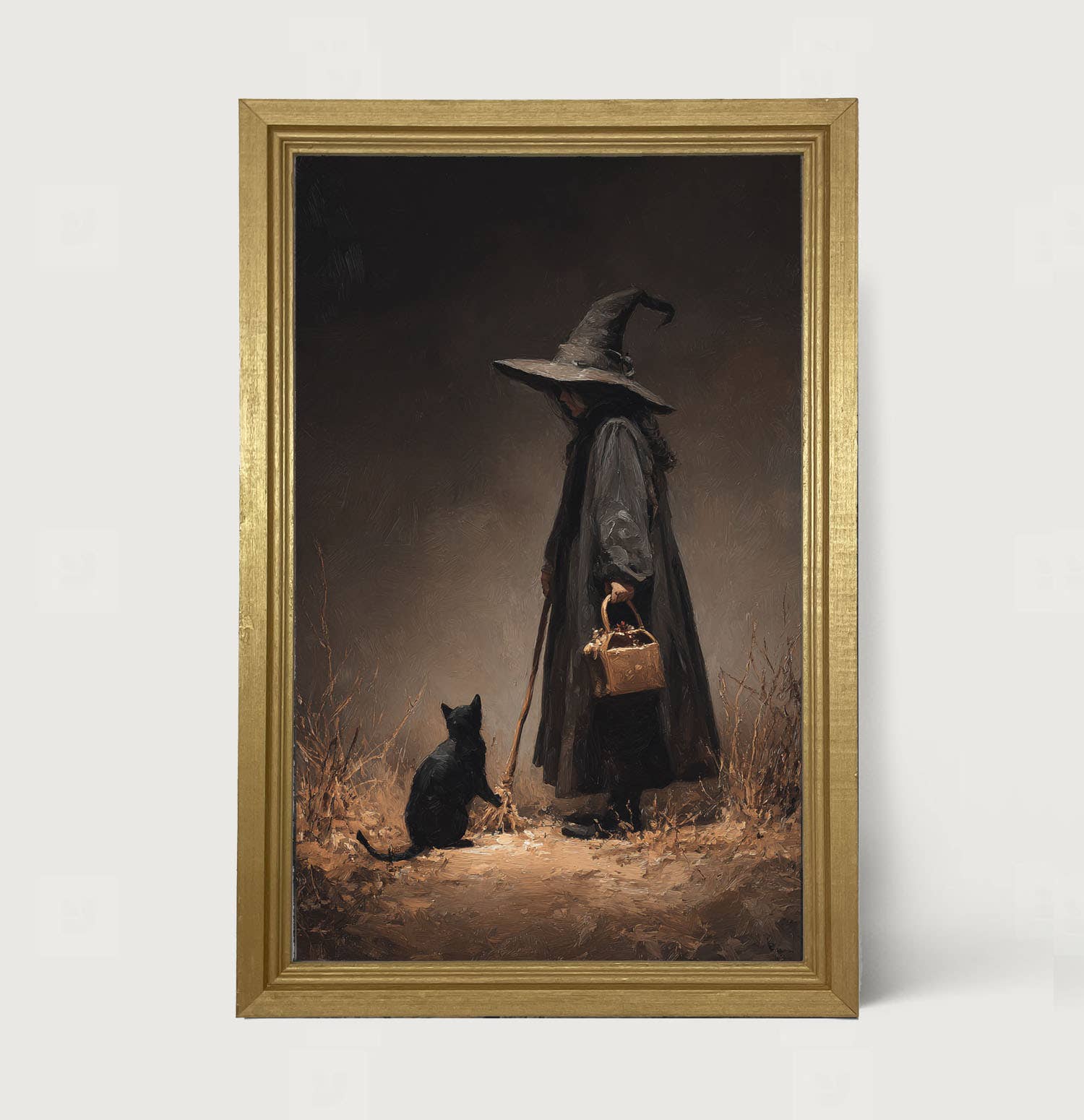Witch with Black Cat on Path - Vertical Frame