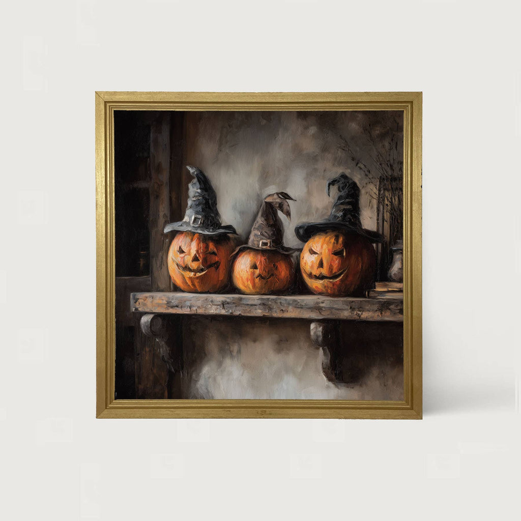 Trio of Jack-o-Lanterns in Witch Hats