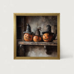 Trio of Jack-o-Lanterns in Witch Hats