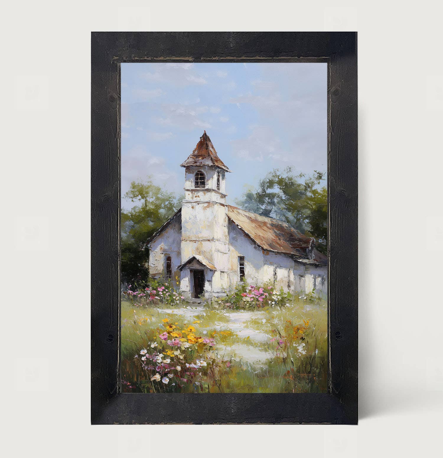 Country Church with Wildflowers - Vertical Frame