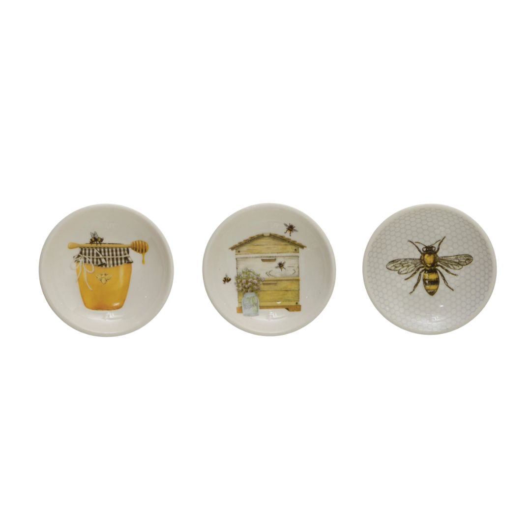 3" Stoneware Dish with Bees & Honey Design - Assorted