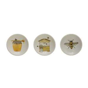 3" Stoneware Dish with Bees & Honey Design - Assorted