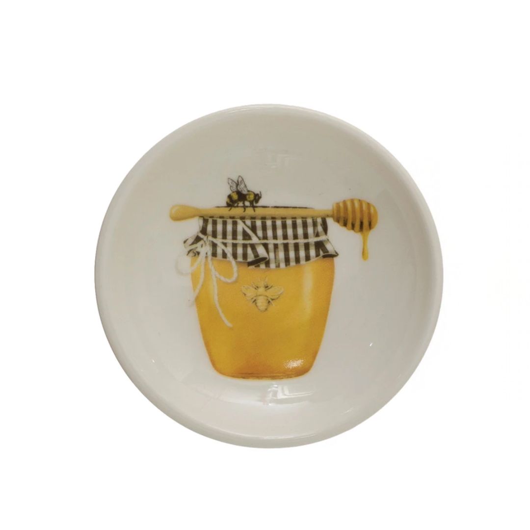 3" Stoneware Dish with Bees & Honey Design - Assorted