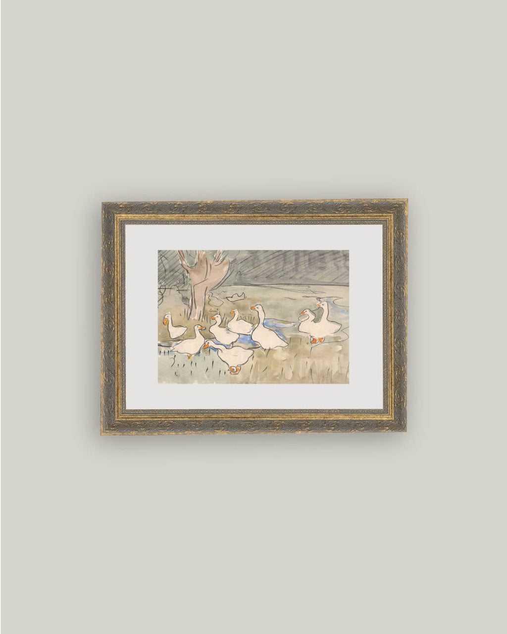 Geese Pond Framed Antique Art