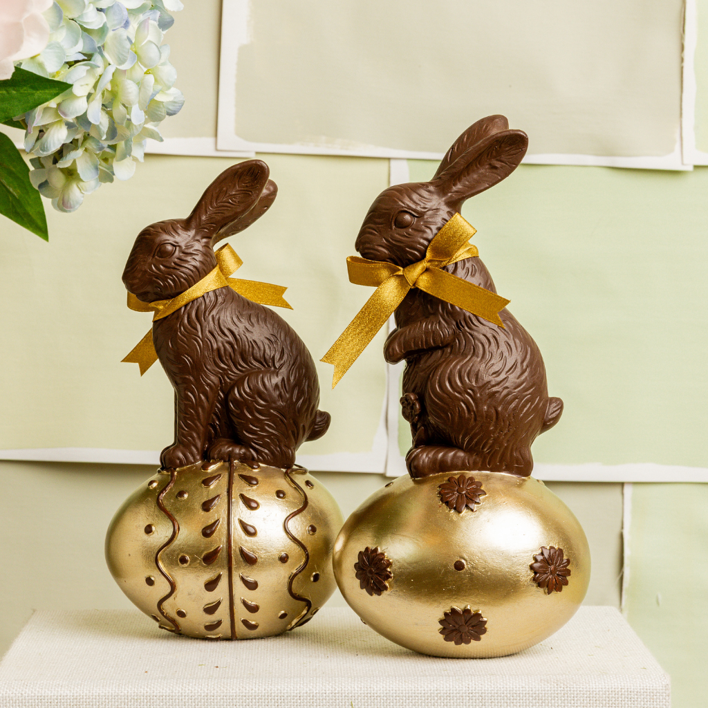 Lg Chocolate Rabbits on Gold Eggs
