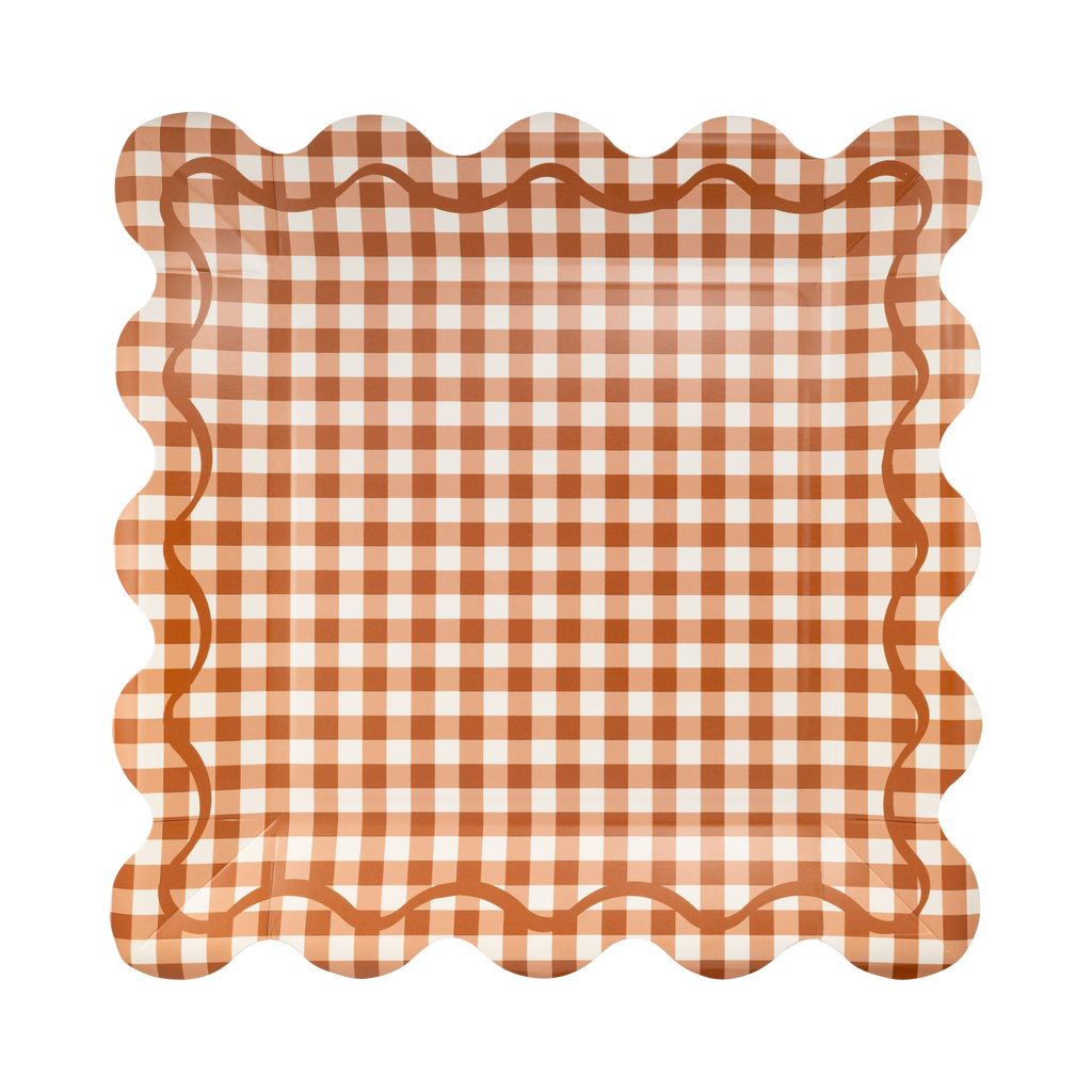 Rust Gingham Scalloped Sq. Paper Plates
