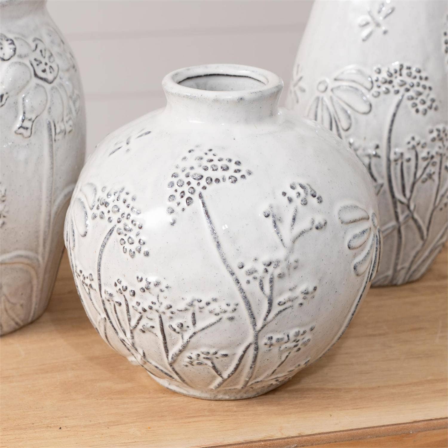 Short Debossed Botanical Vase, Gray (PC)