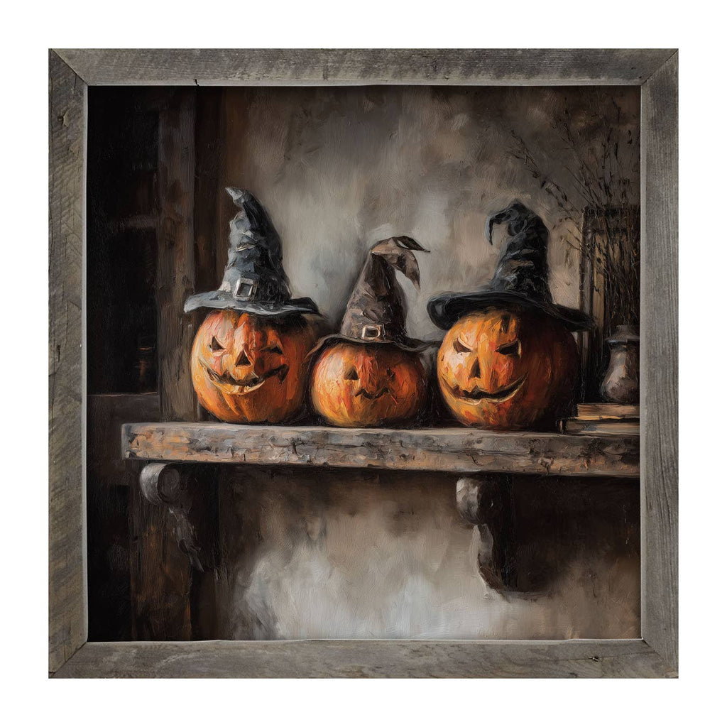 Trio of Jack-o-Lanterns in Witch Hats