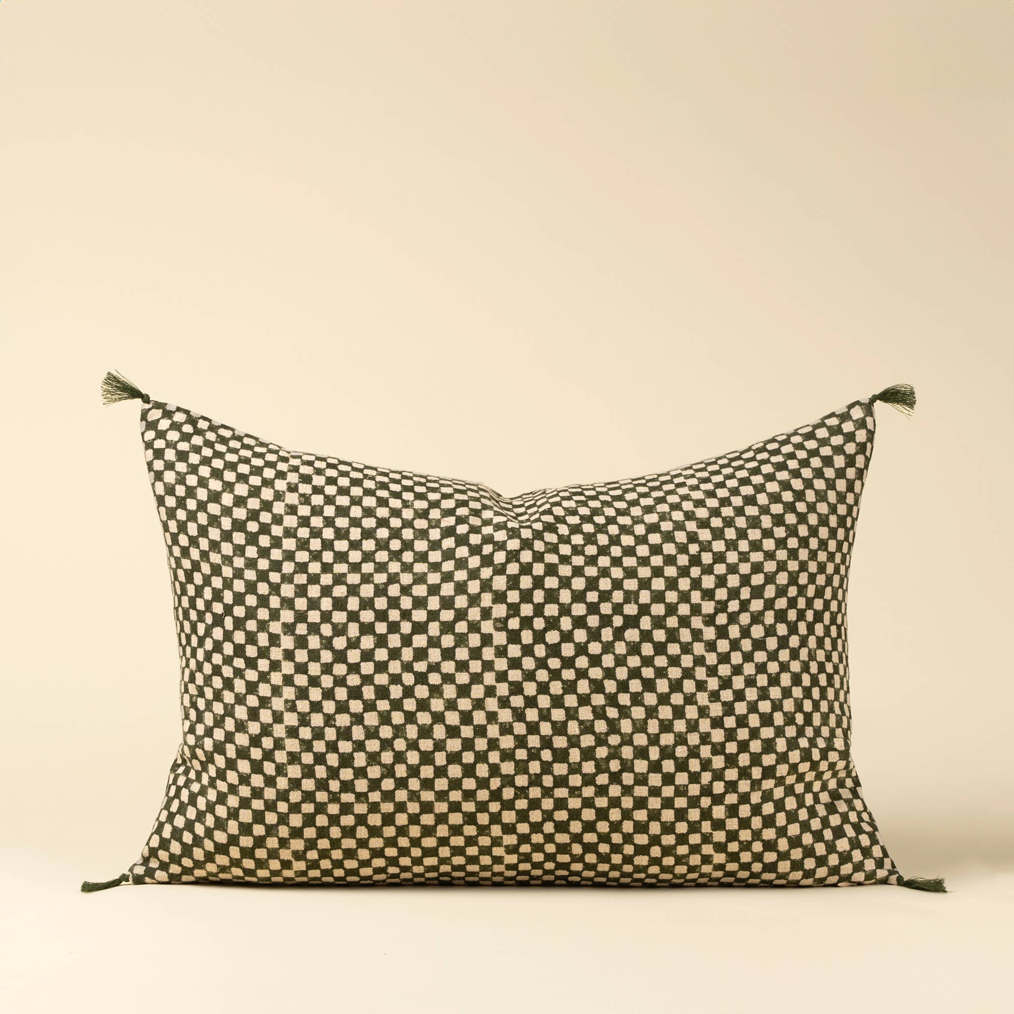 16x24 Block Print Check Linen Pillow-Green