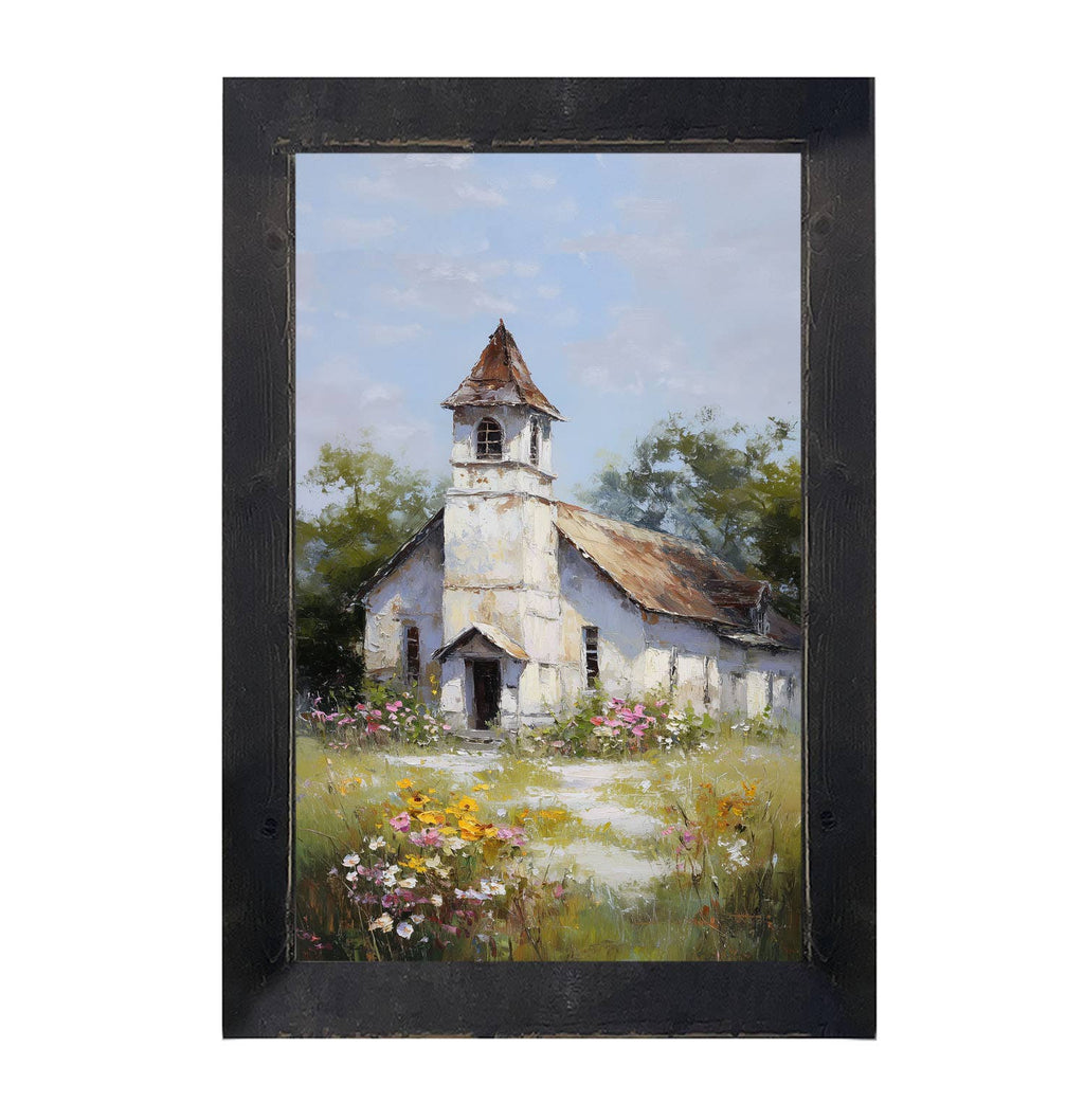 Country Church with Wildflowers - Vertical Frame