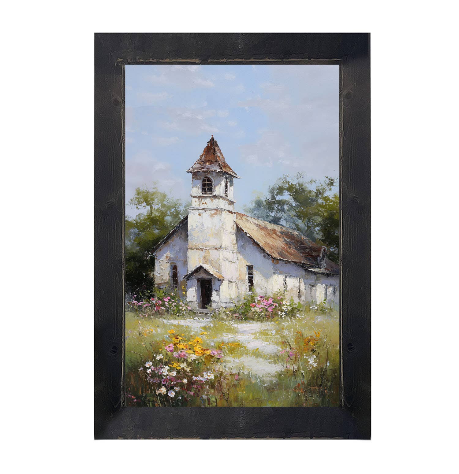 Country Church with Wildflowers - Vertical Frame