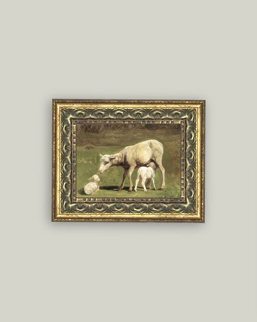 Ewe and Two Lambs Framed Antique Art
