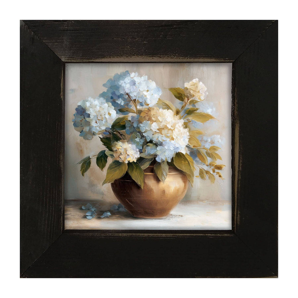 Copper Vase with Blue and White Hydrangeas