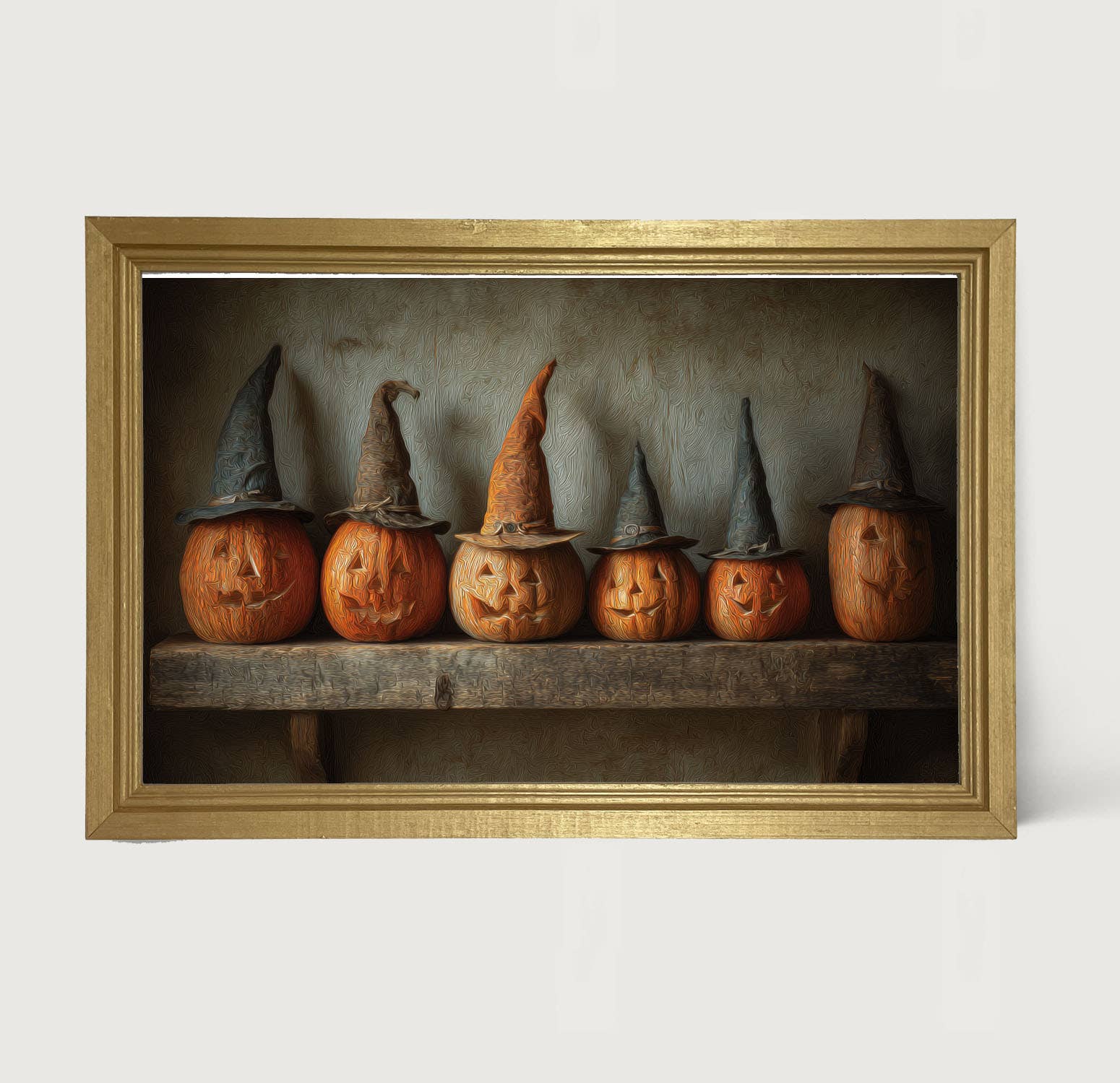 Shelf Full of Jack-o-Lanterns in Witch Hats - HF