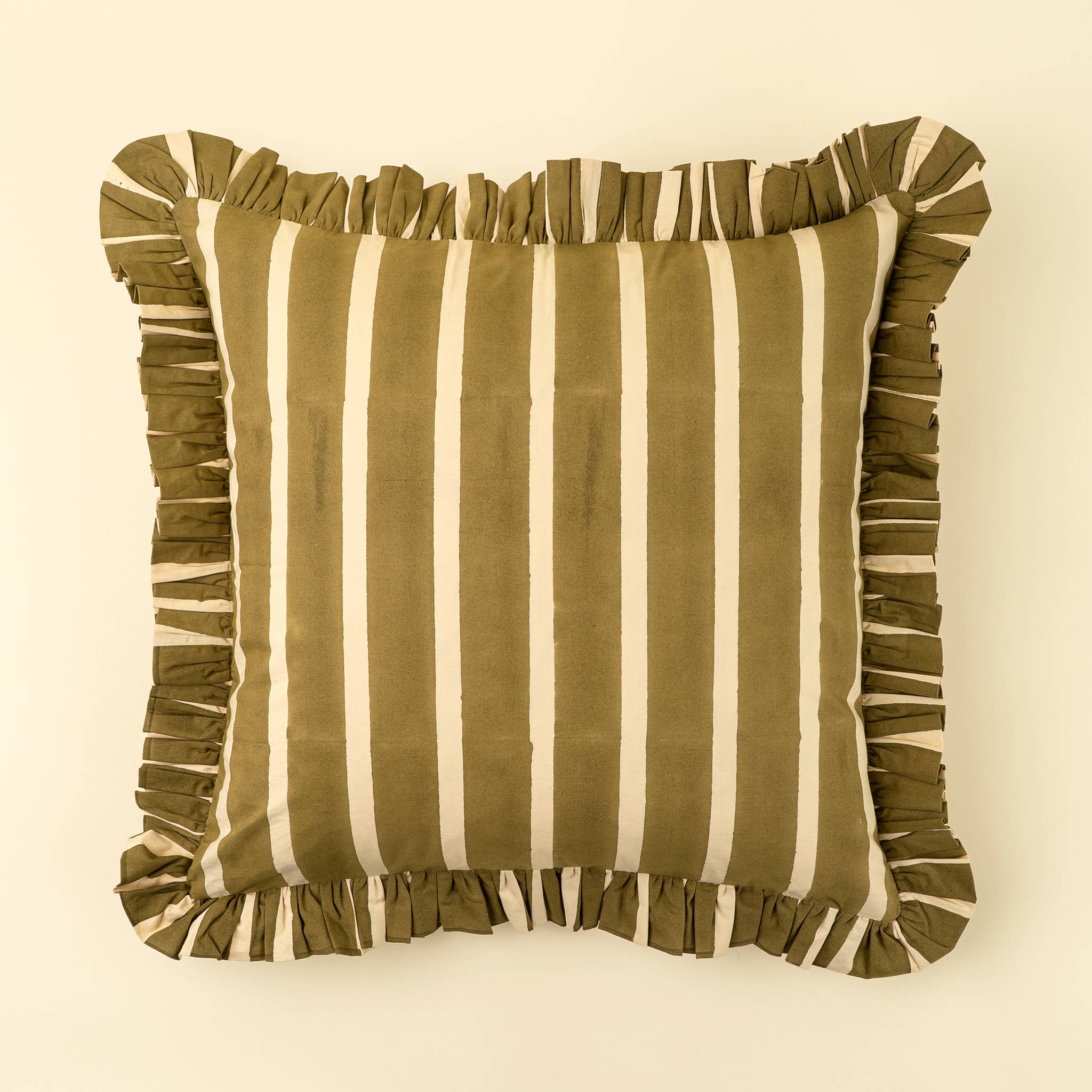 20x20 Block Print Stripe Ruffle Pillow, Olive