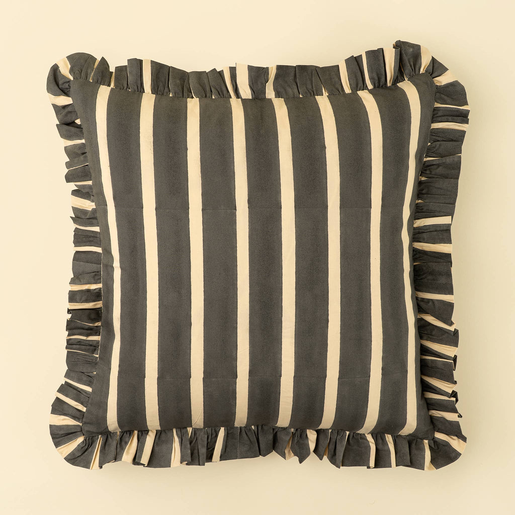 20x20 Block Print Stripe Ruffle Pillow, Charcoal