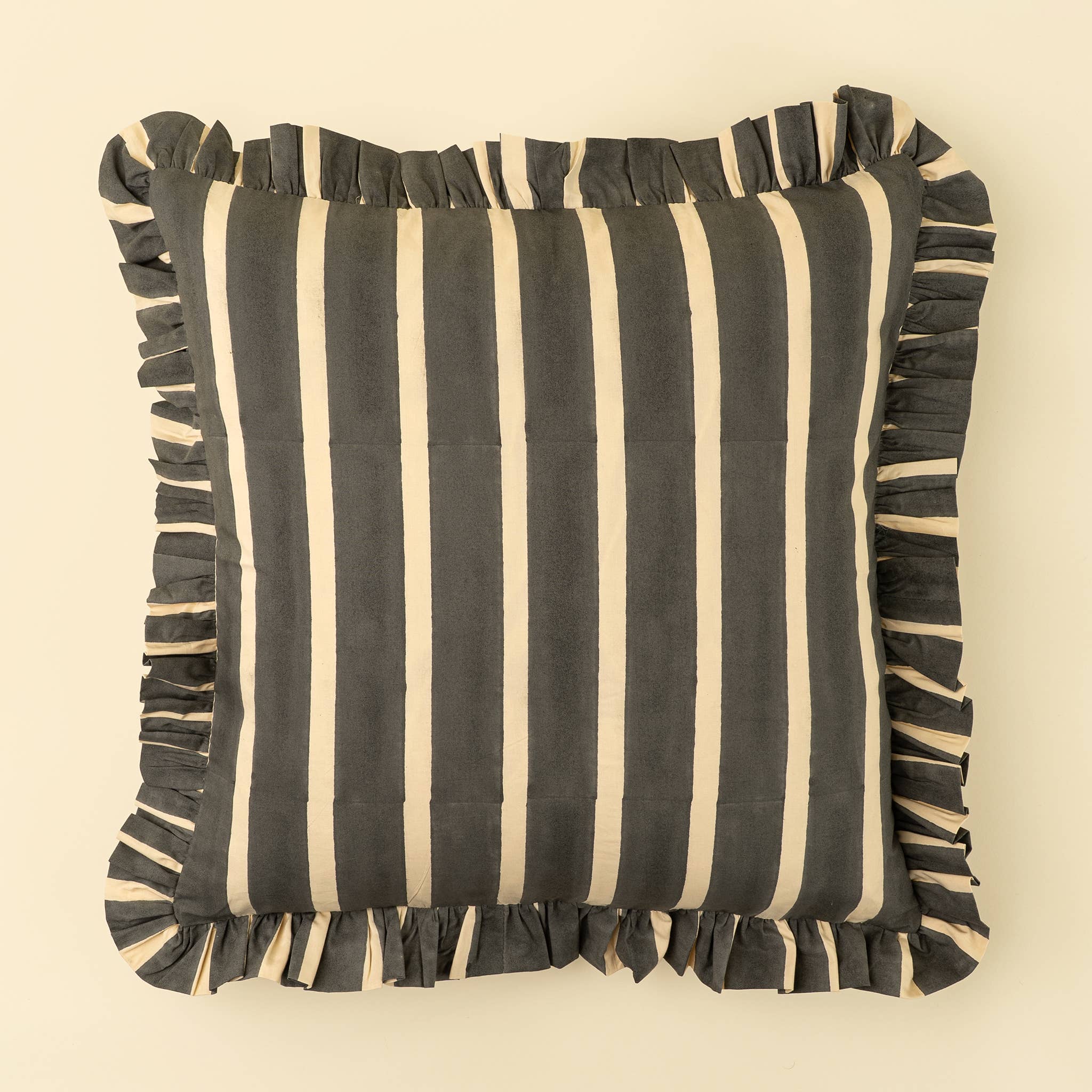 20x20 Block Print Stripe Ruffle Pillow, Charcoal