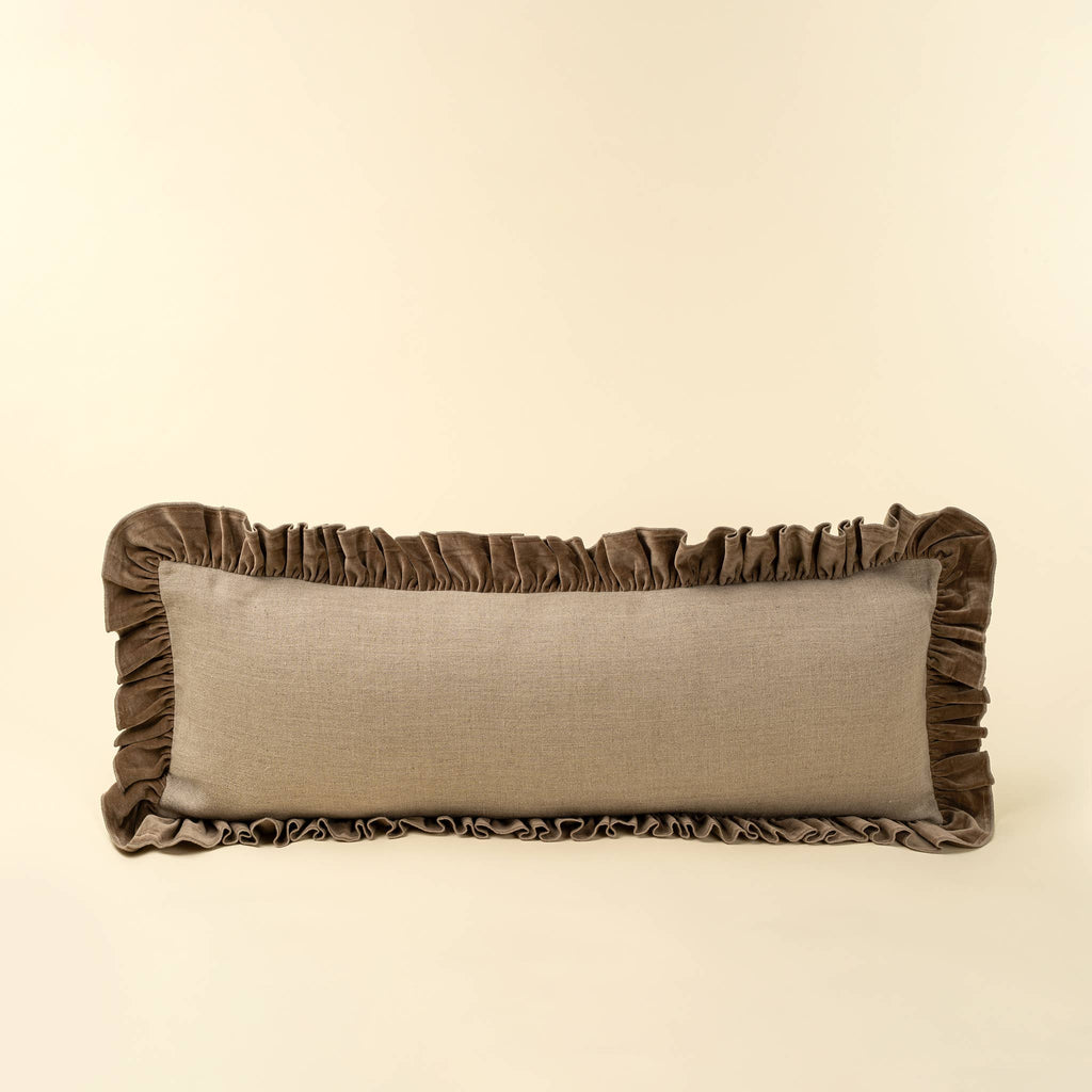 15x42 Velvet Ruffle Linen Pillow, Chocolate