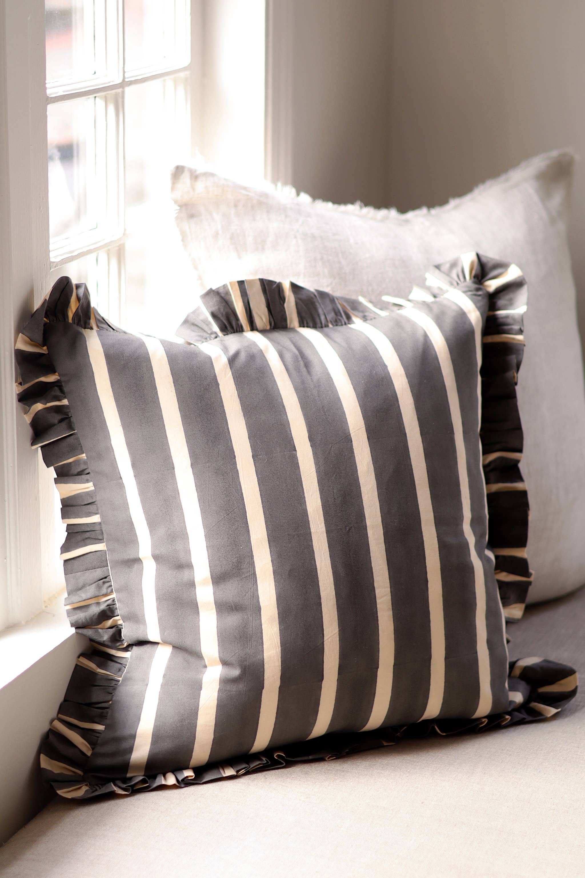 20x20 Block Print Stripe Ruffle Pillow, Charcoal