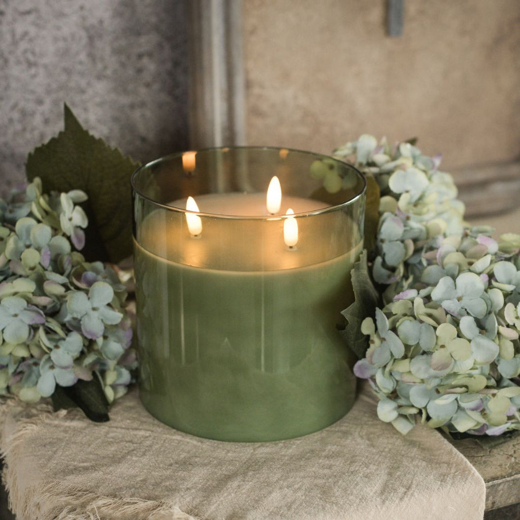 6" Green Glass 3 Wick 3D Flameless Candle Decor