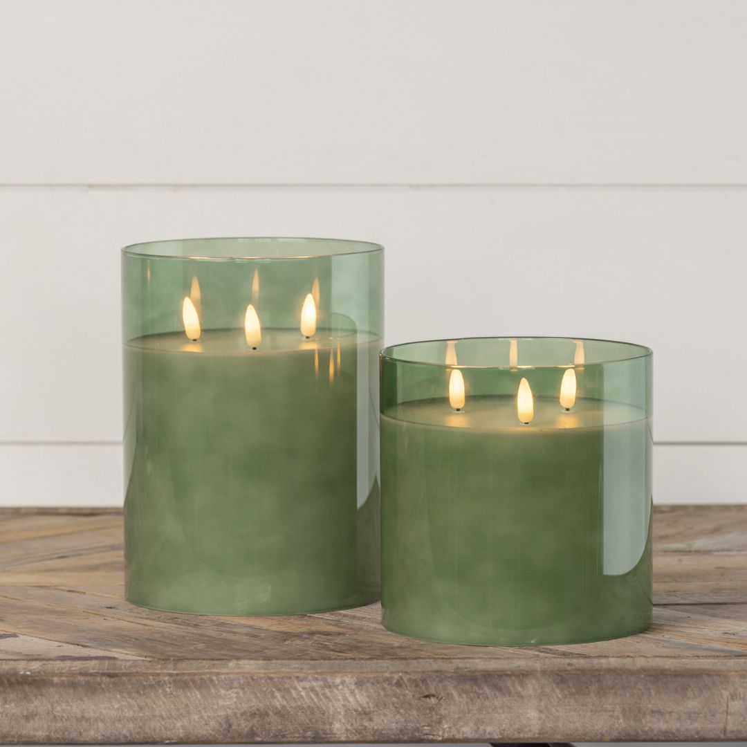 6" Green Glass 3 Wick 3D Flameless Candle Decor