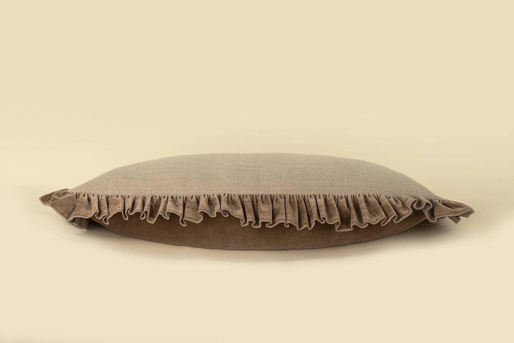 15x42 Velvet Ruffle Linen Pillow, Chocolate