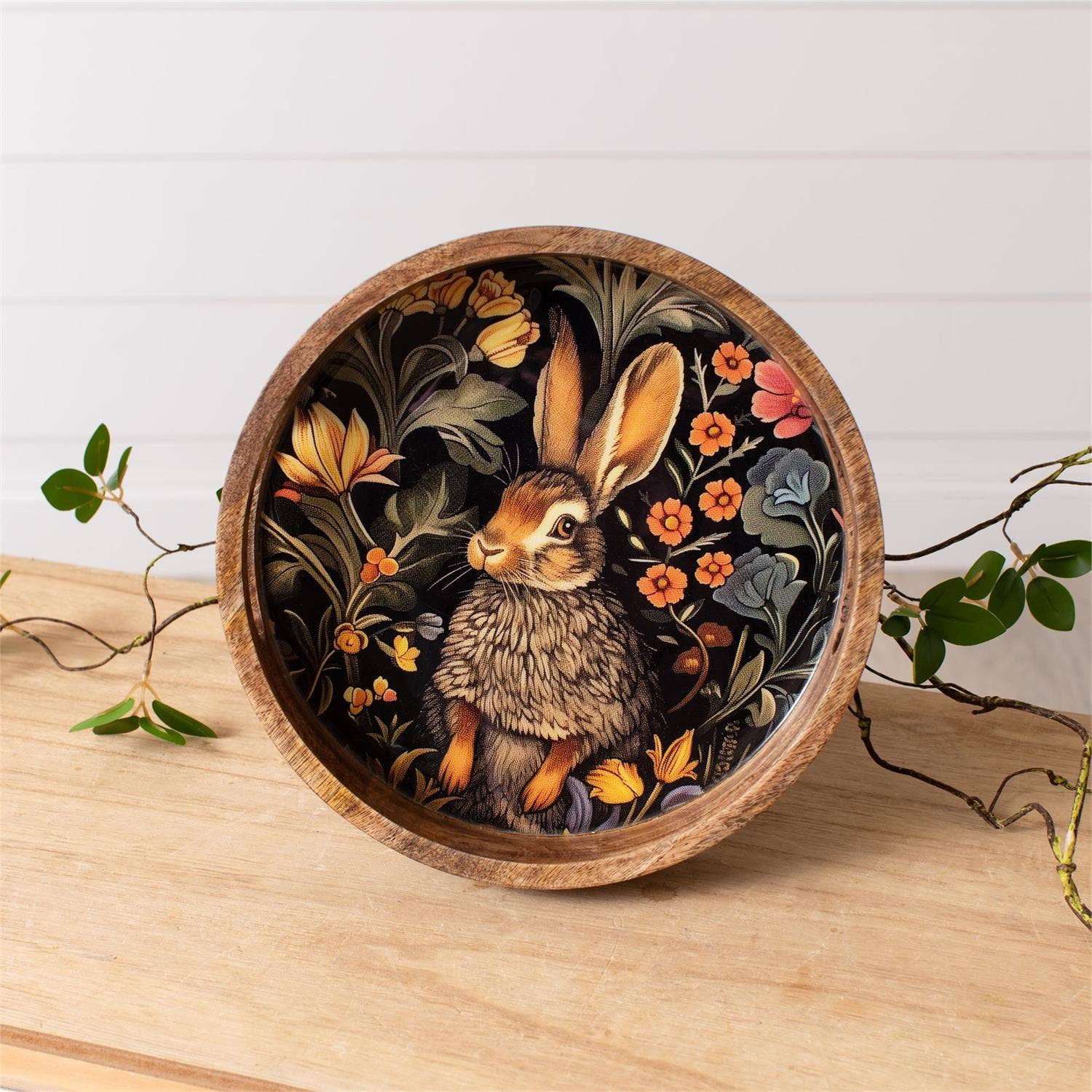 Floral Rabbit Round Enamel Tray