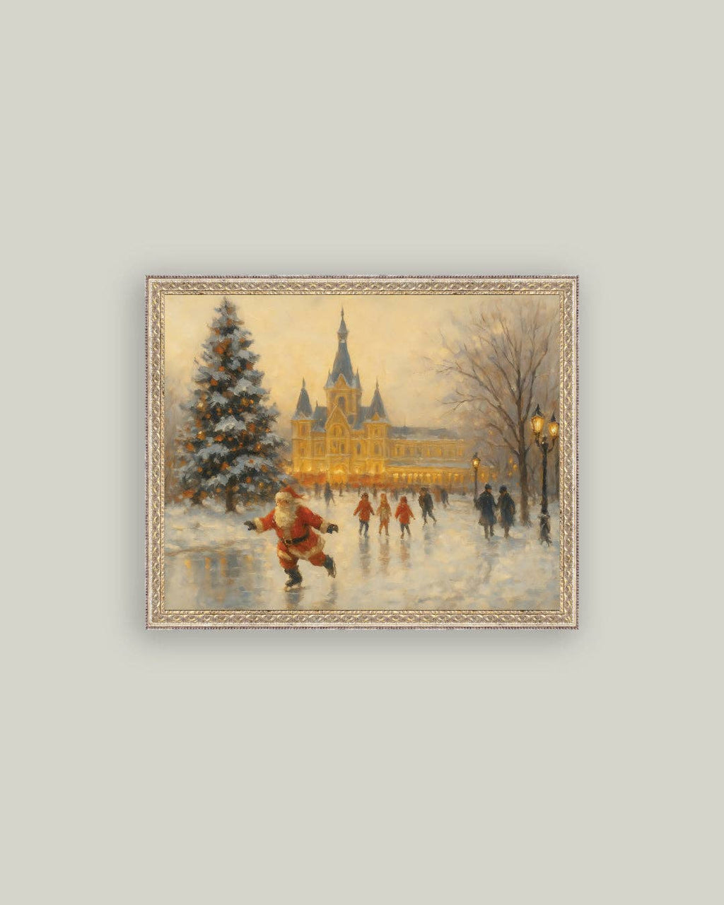 Skating Santa Framed Antique Art