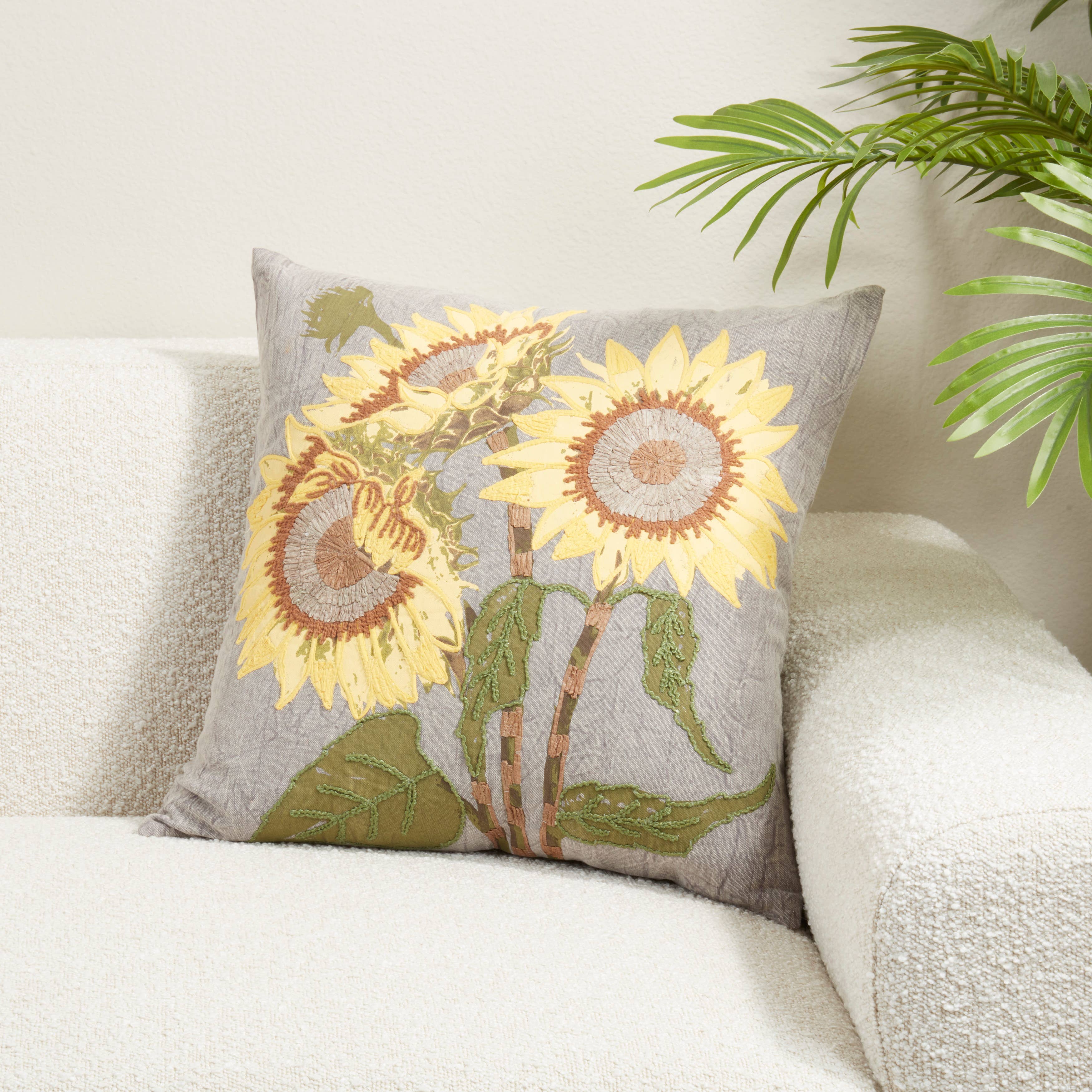 Embroidered Sunflower Throw Pillow