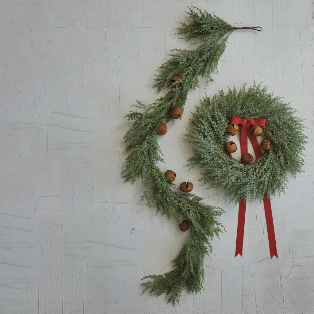 Faux Cedar Garland with Rust Finish Metal Bells - 72" long