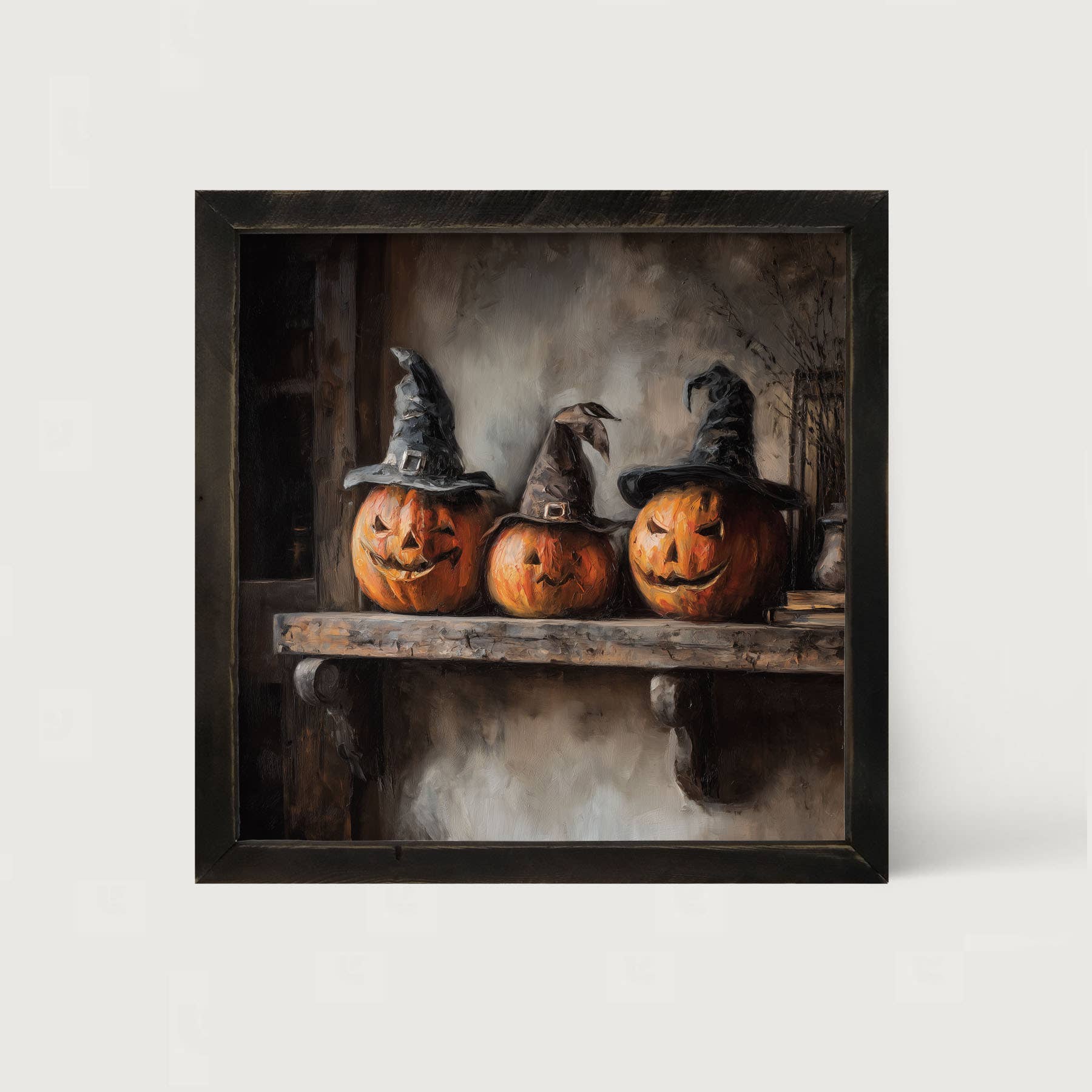 Trio of Jack-o-Lanterns in Witch Hats
